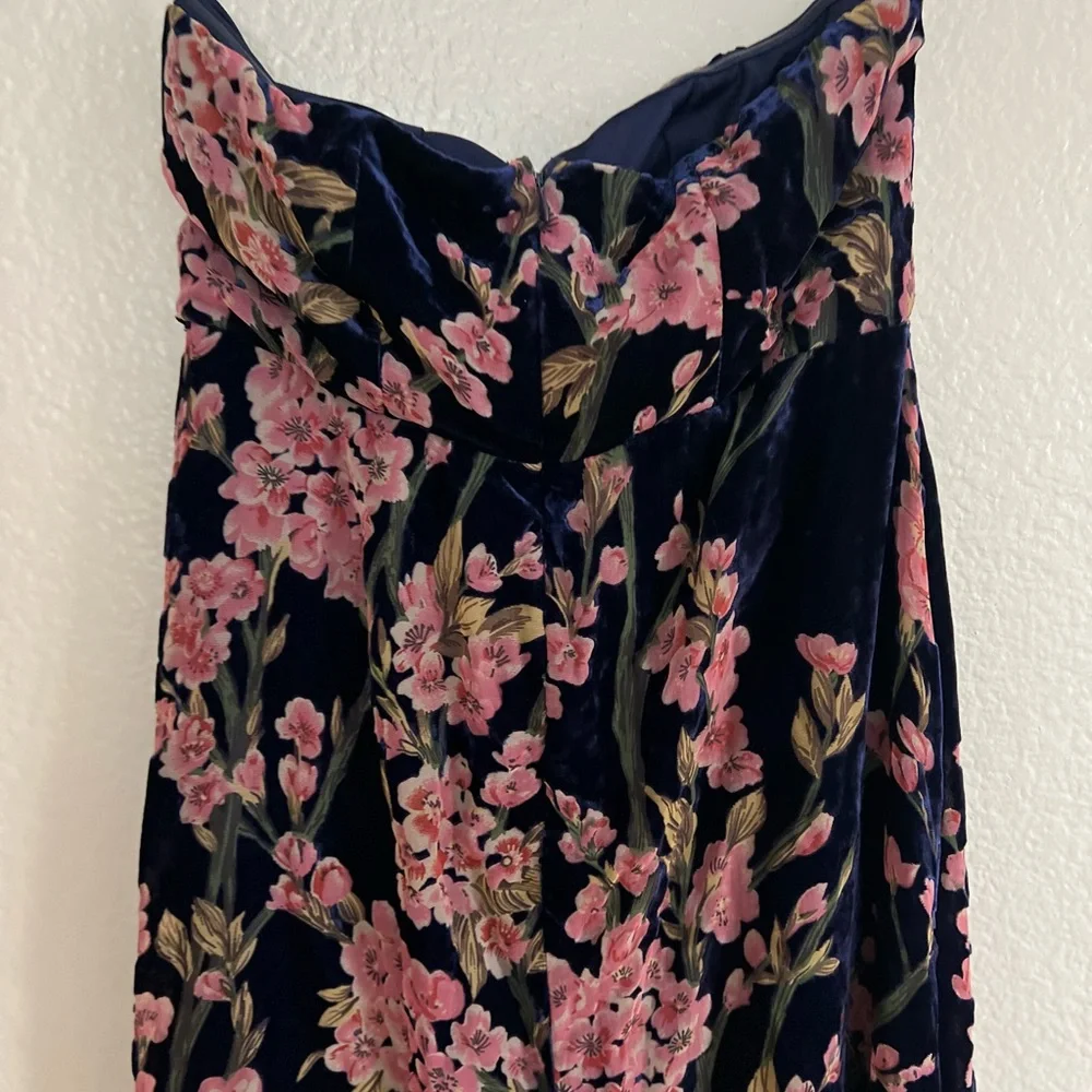 Navy Blue Floral Print Velvet Strapless Maxi Dress NWOT XL_7